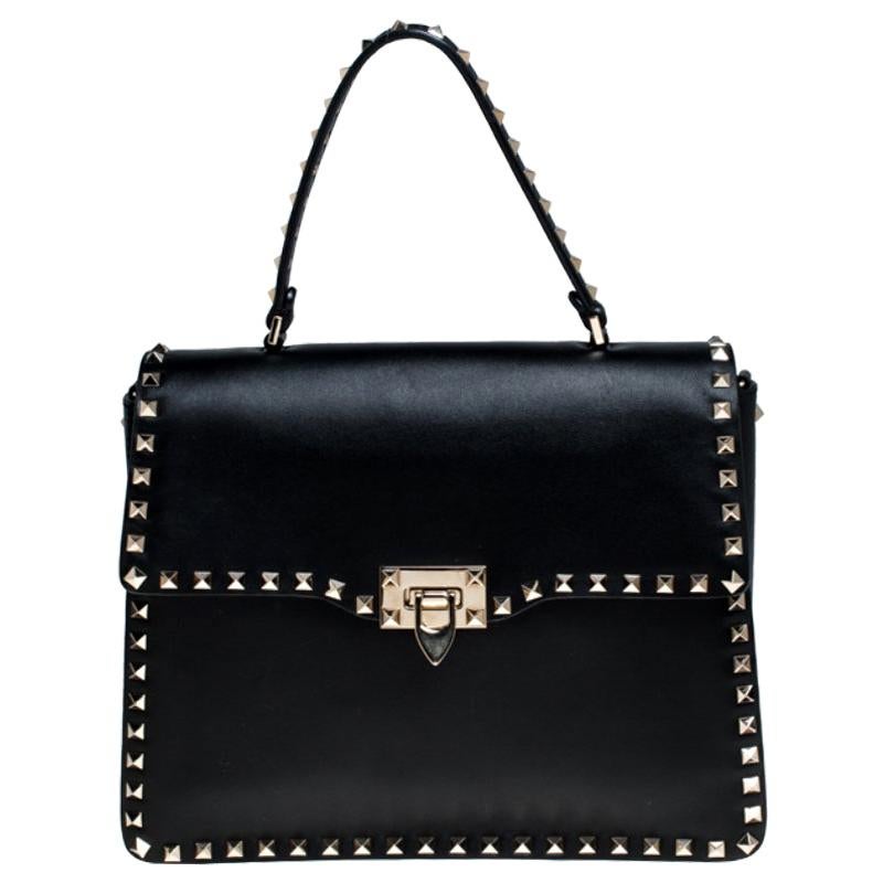 Valentino Black Leather Medium Rockstud Top Handle Bag For Sale at 1stDibs