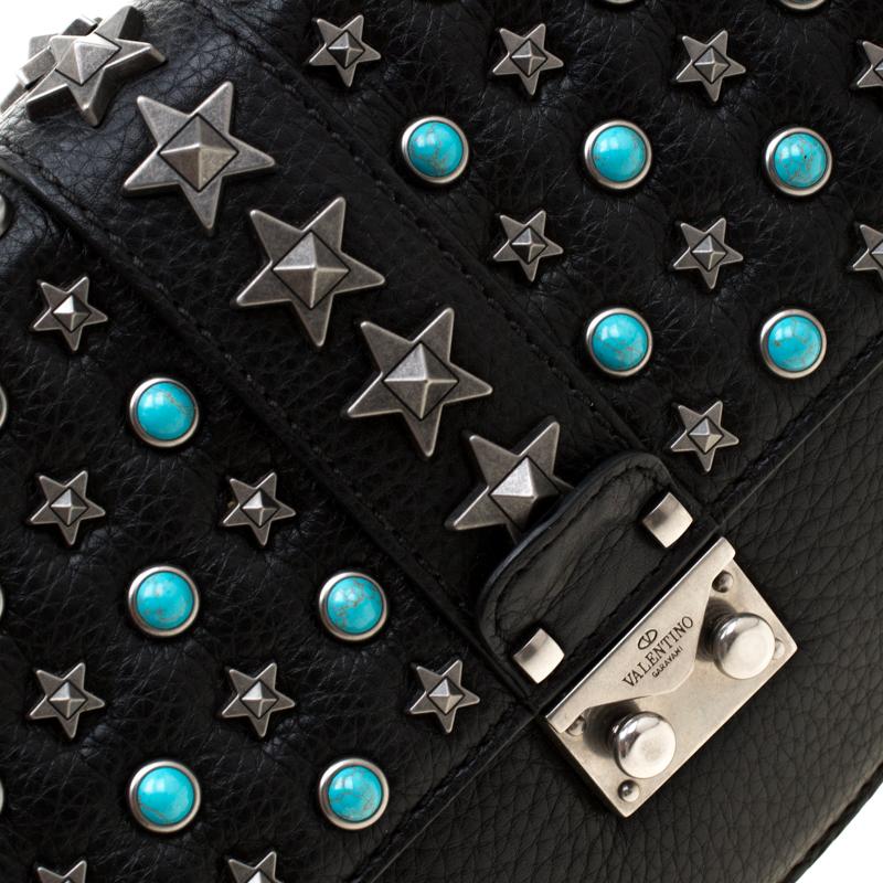 Women's Valentino Black Leather Medium Star Rockstud Lock Shoulder Bag