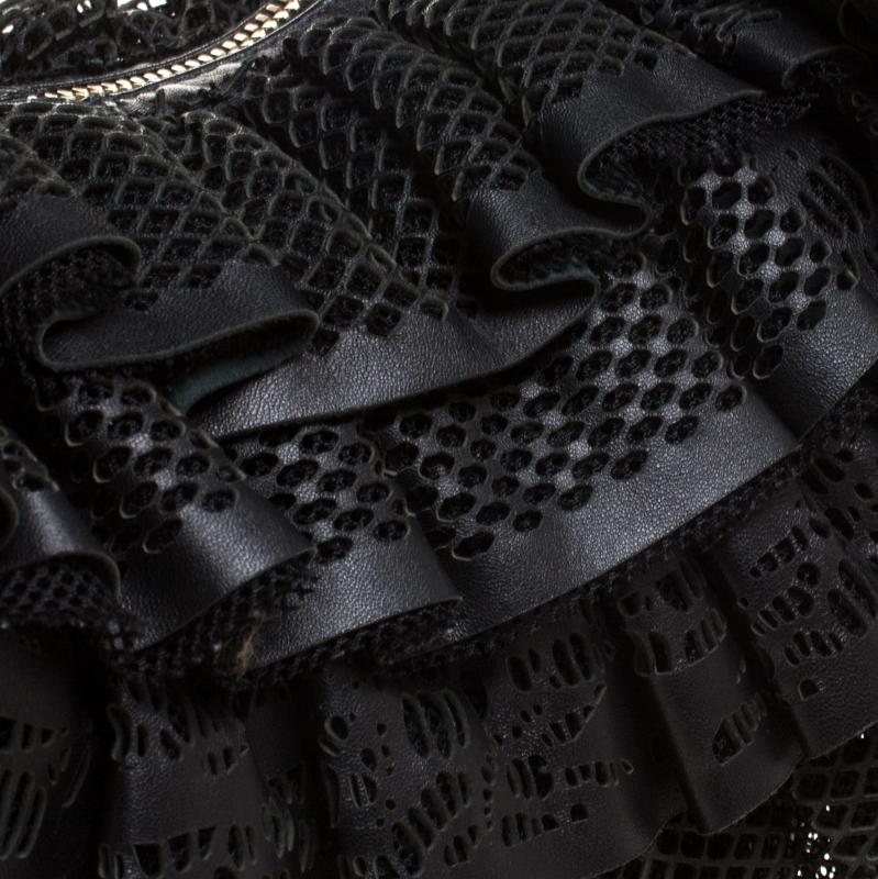 Women's Valentino Black Leather Mesh Ruffle Hobo