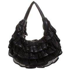 Valentino Black Leather Mesh Ruffle Hobo