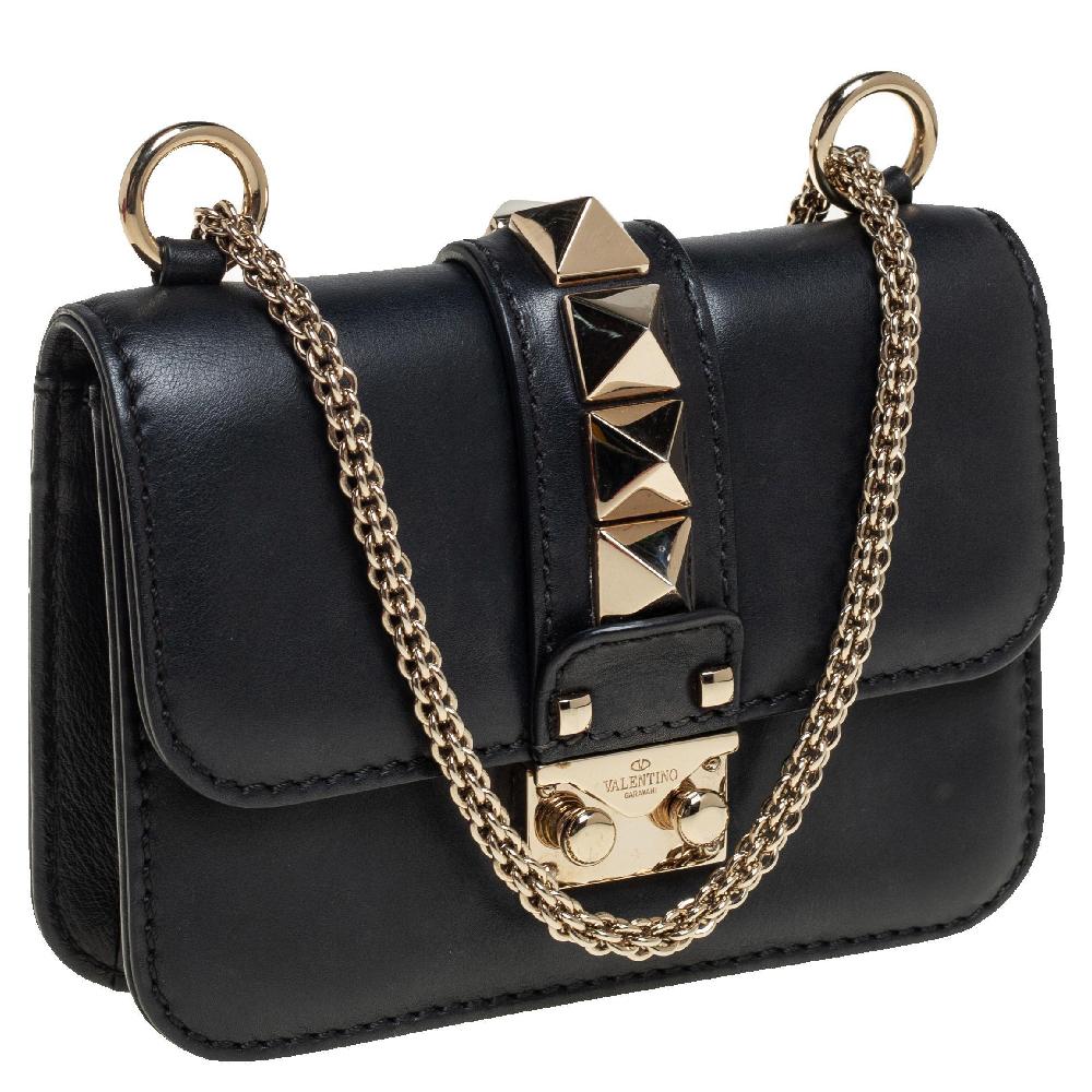Women's Valentino Black Leather Mini Rockstud Glam Lock Flap Bag