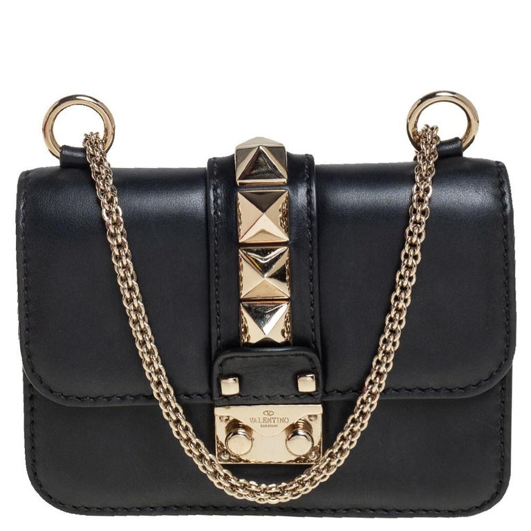 Valentino Black Leather Mini Rockstud Glam Lock Flap Bag For Sale at 1stDibs