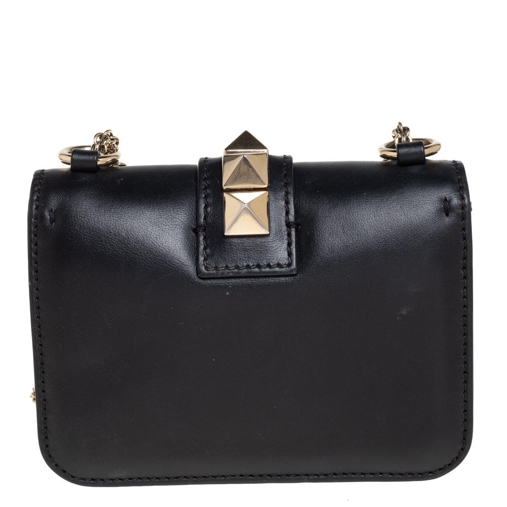 Valentino Black Leather Mini Rockstud Glam Lock Shoulder Bag In Good Condition In Dubai, Al Qouz 2