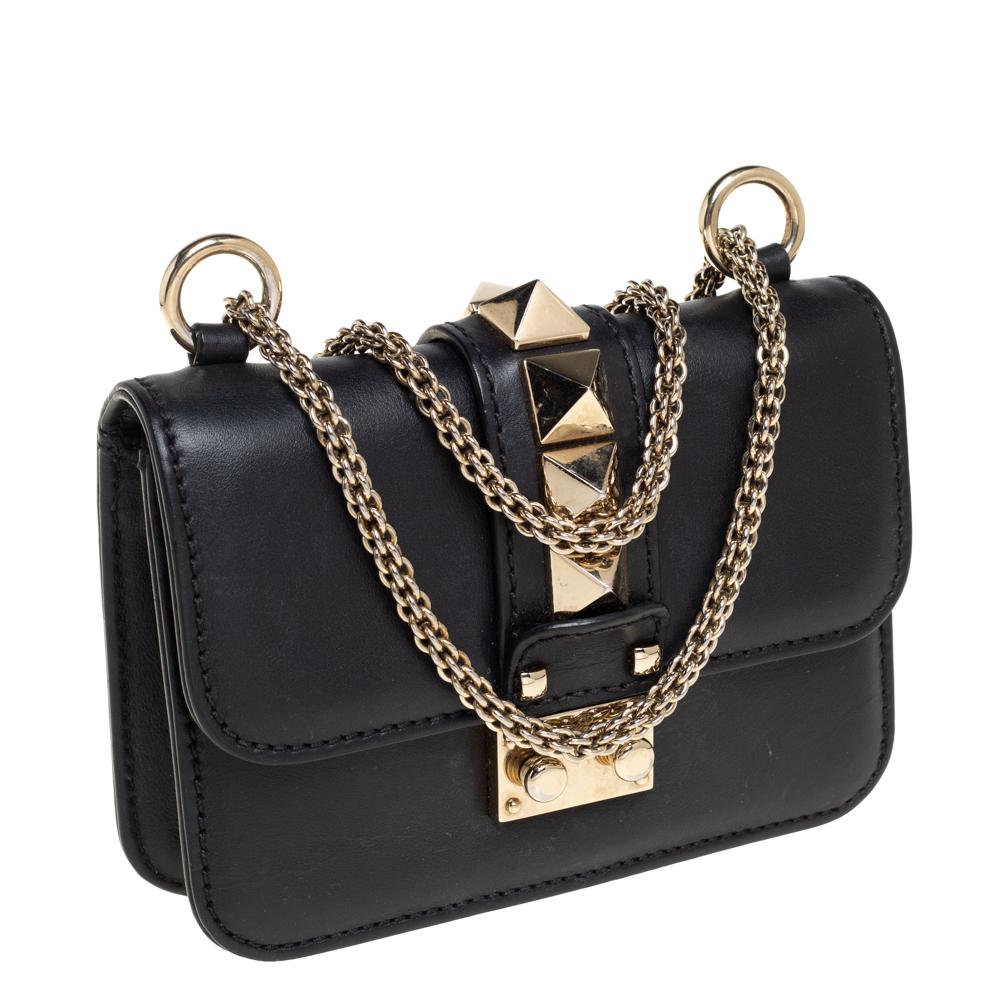 Women's Valentino Black Leather Mini Rockstud Glam Lock Shoulder Bag