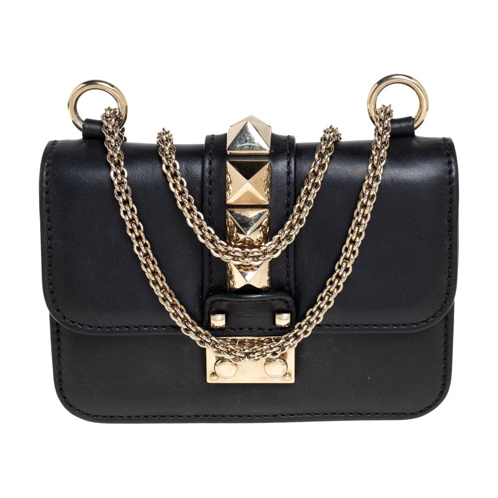 Valentino Black Leather Mini Rockstud Glam Lock Shoulder Bag