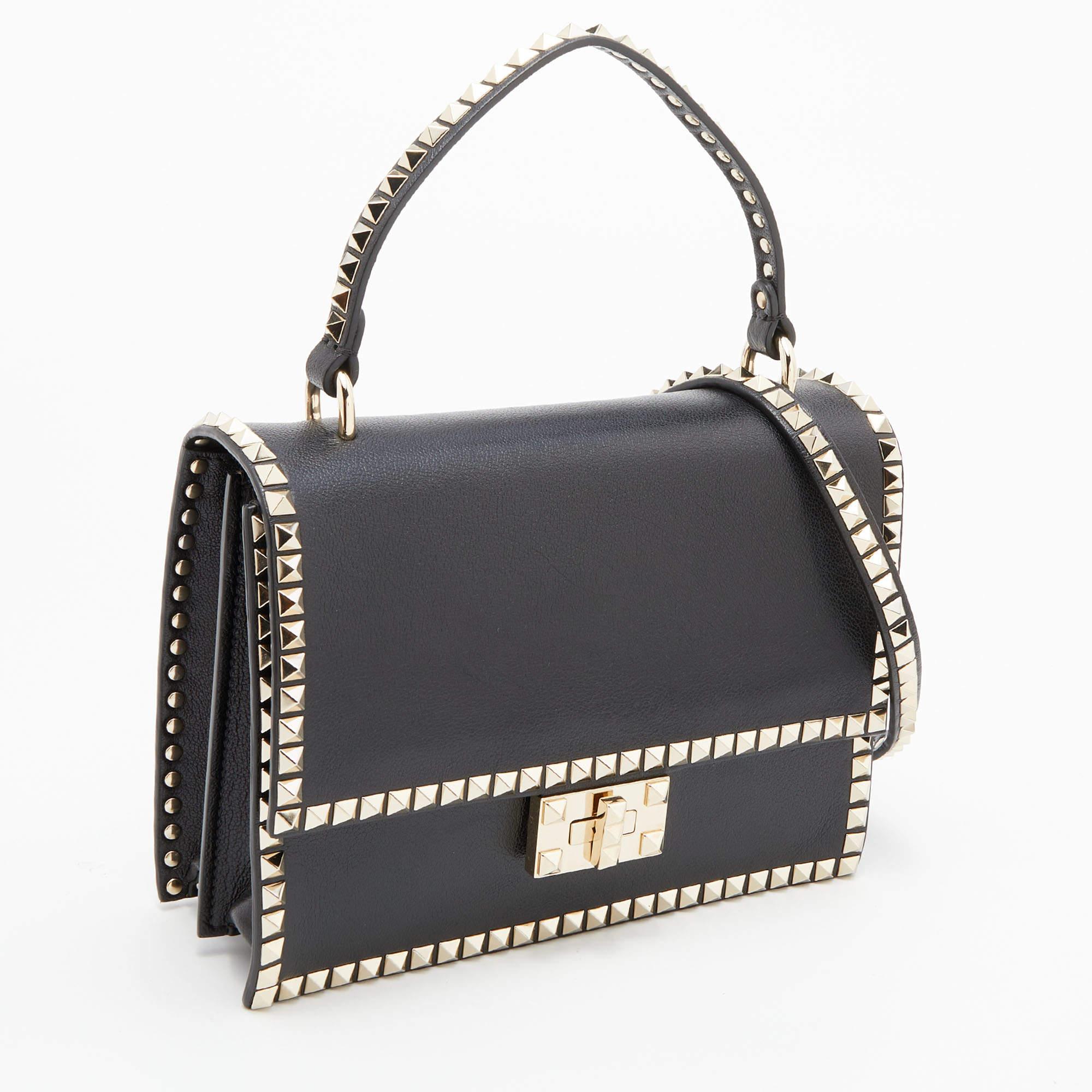 Valentino Black Leather No Limit Rockstud Top Handle Bag For Sale at