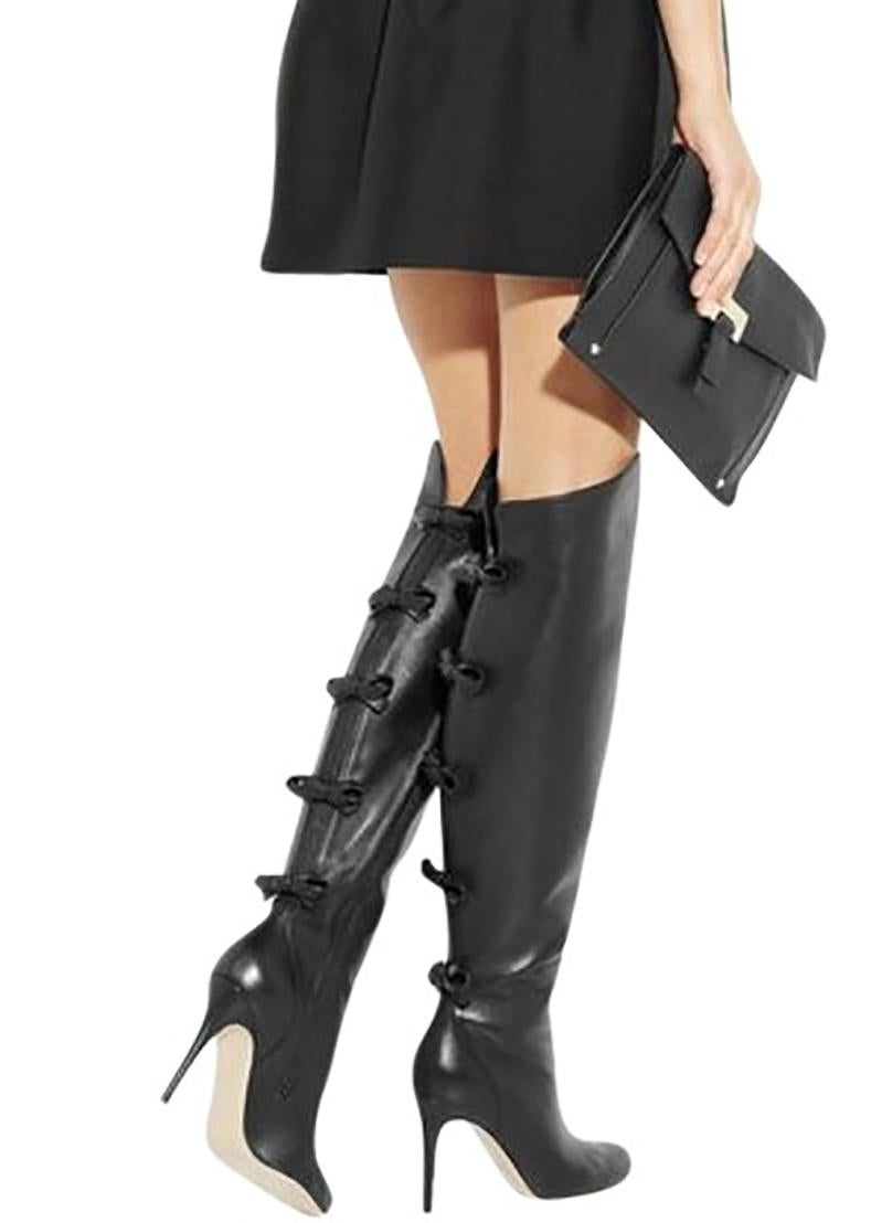 Valentino Black Leather Over the Knee Boots with Bows.  110mm slim heel, bows at back, interior zippers. Marked size 40 but fits small and best for 39 (USA 8.5).  Calf measures 15.5”, total height including heels 25”. Appears to have been worn once