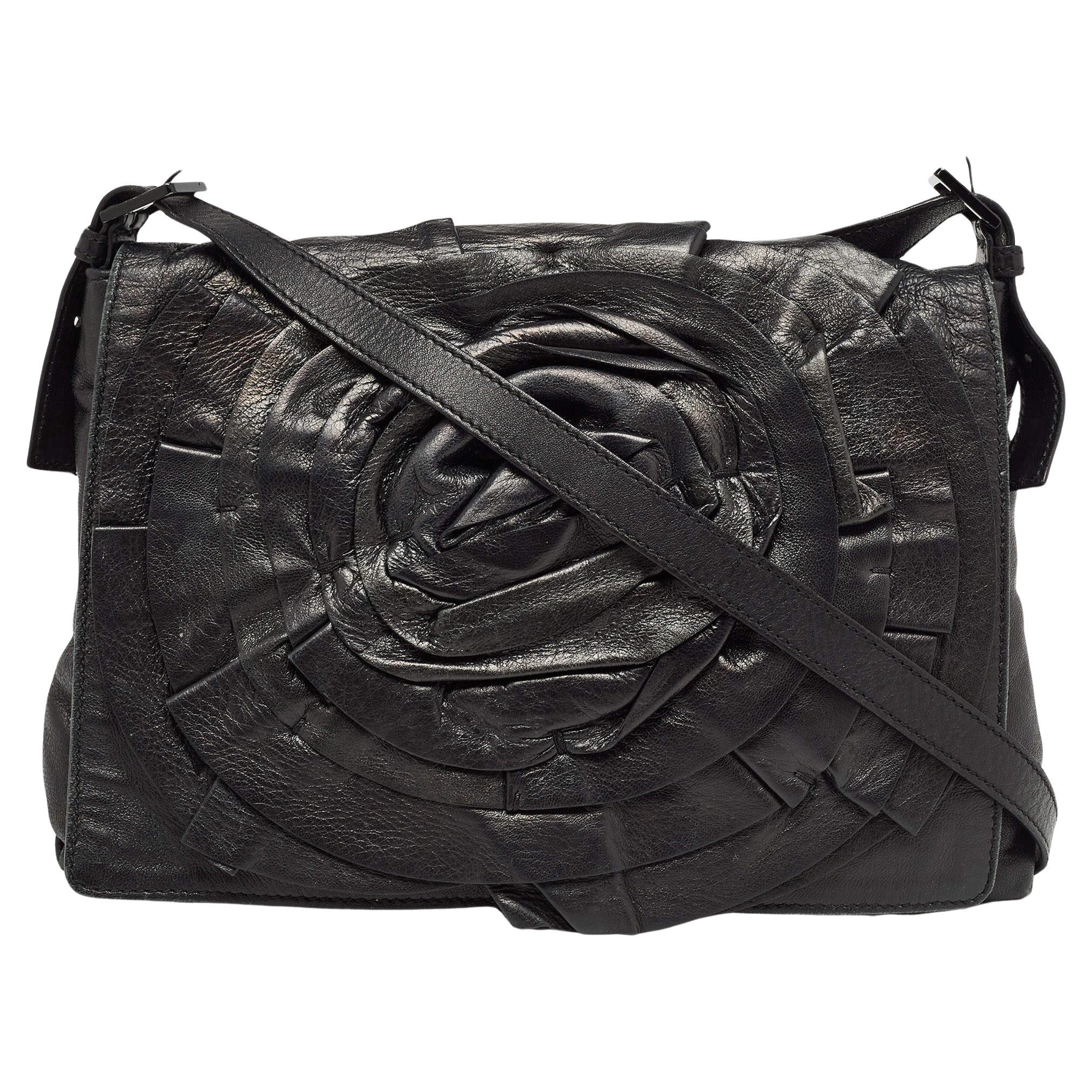Valentino Black Leather Petale Rose Crossbody Bag For Sale