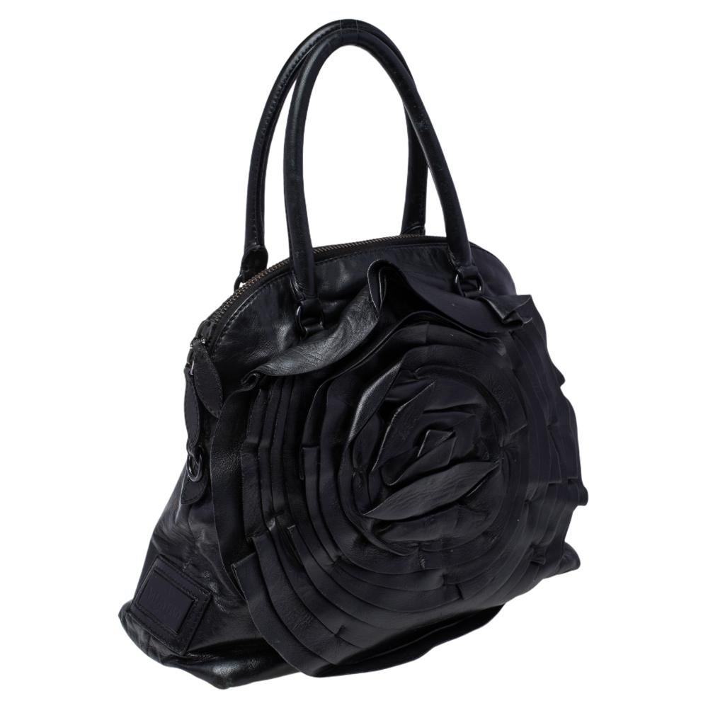 Women's Valentino Black Leather Petale Rose Dome Satchel