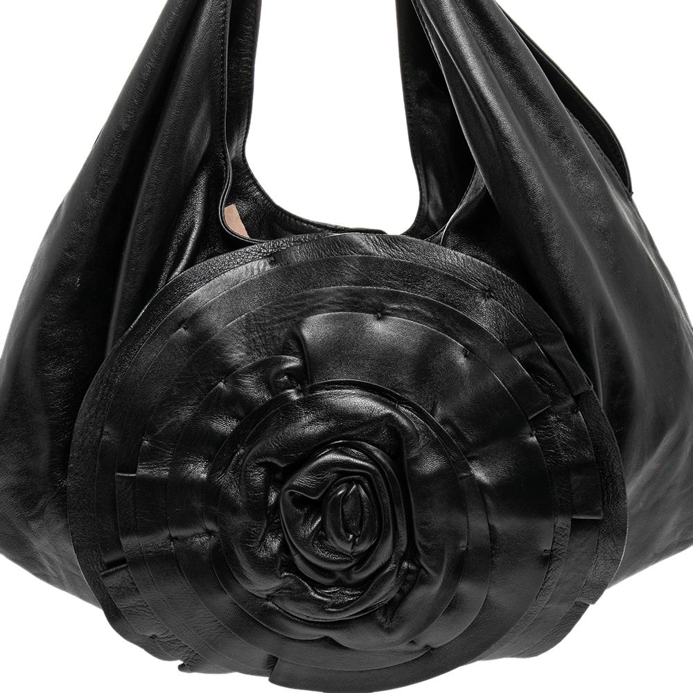 Women's Valentino Black Leather Petale Rose Hobo Bag