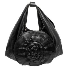 Valentino Black Leather Petale Rose Hobo Bag