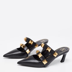Valentino Black Leather Pointed Toe Roman Stud Mules Size 38.5