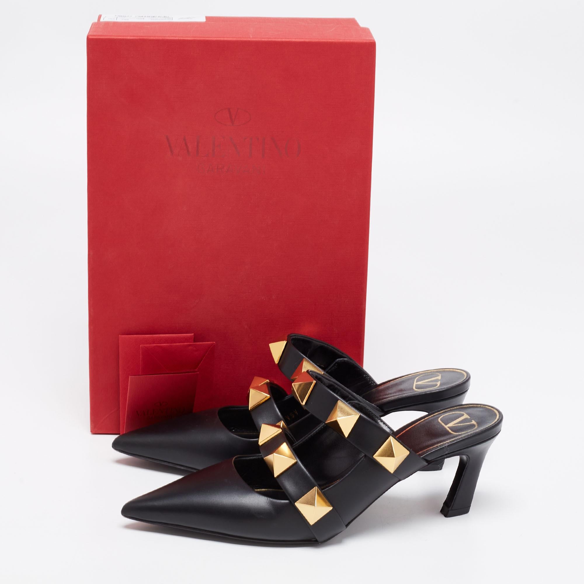 Valentino Black Leather Pointed Toe Roman Stud Mules Size 38.5 3