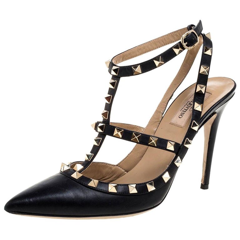 Valentino Black Leather Rockstud Accents Leather T Strap Pointed Size ...