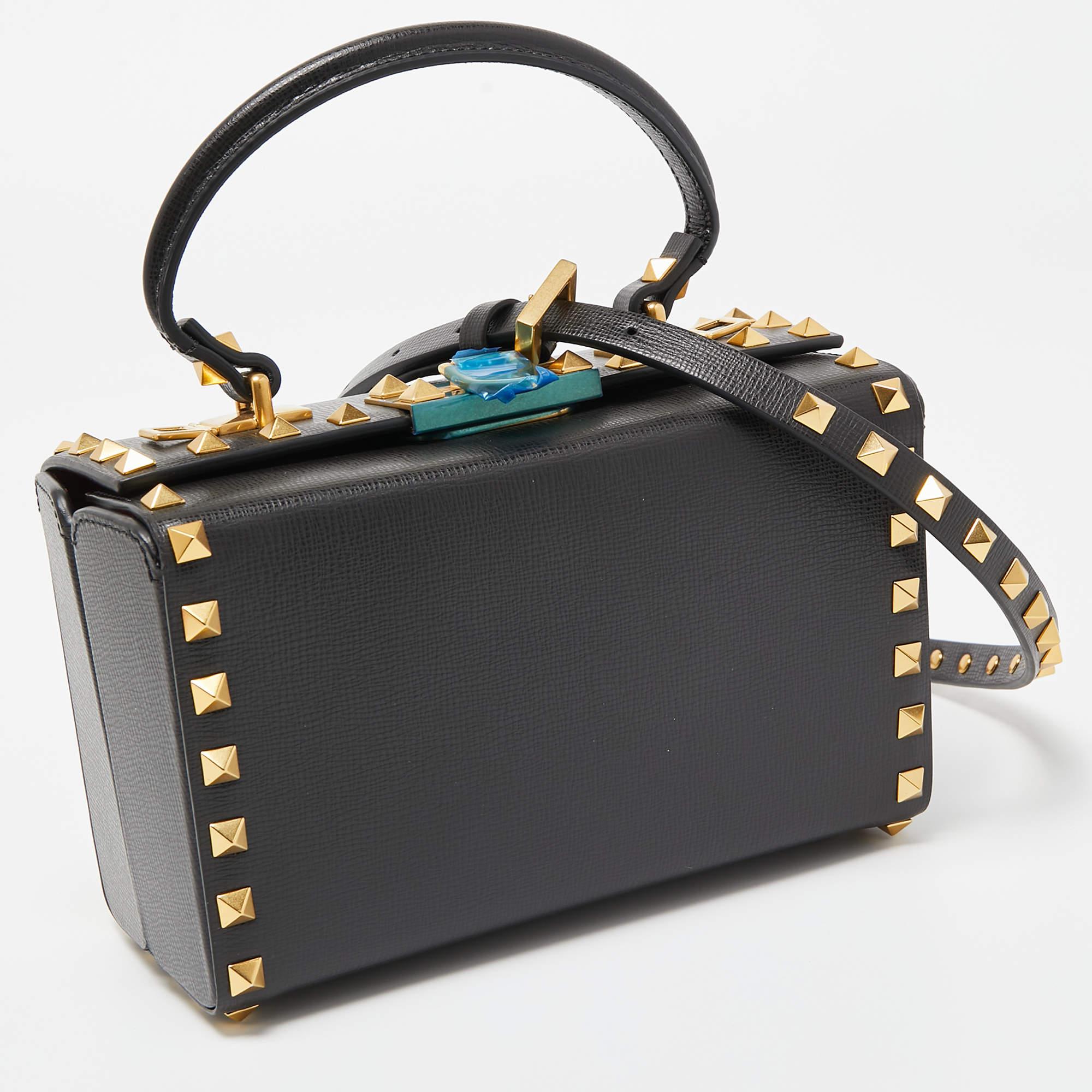 Women's Valentino Black Leather Rockstud Alcove Box Top Handle Bag