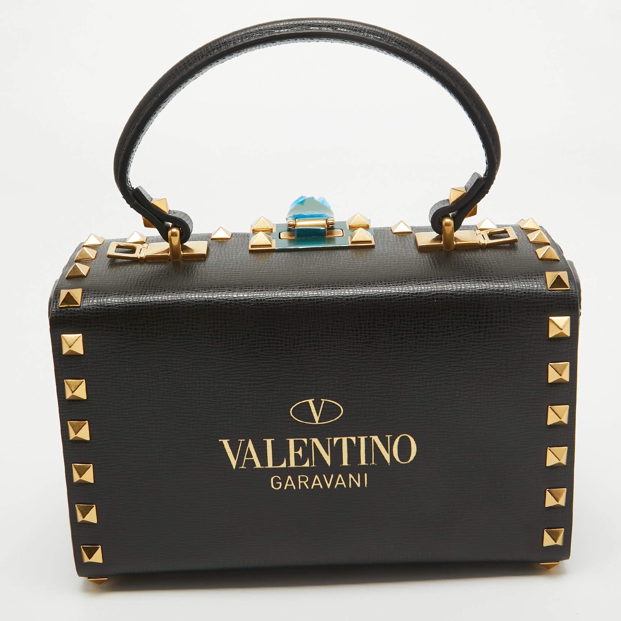 Valentino Black Leather Rockstud Alcove Box Top Handle Bag For Sale 1