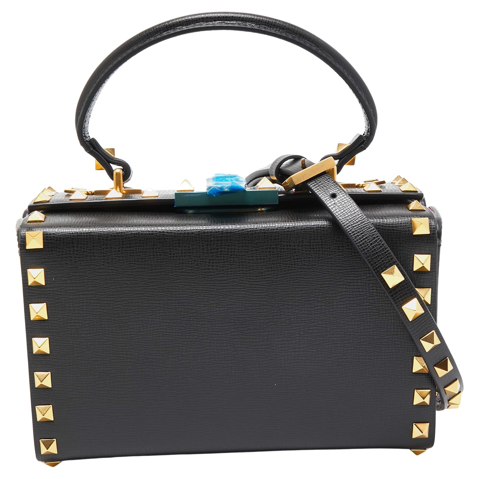 Valentino Black Leather Rockstud Alcove Box Top Handle Bag