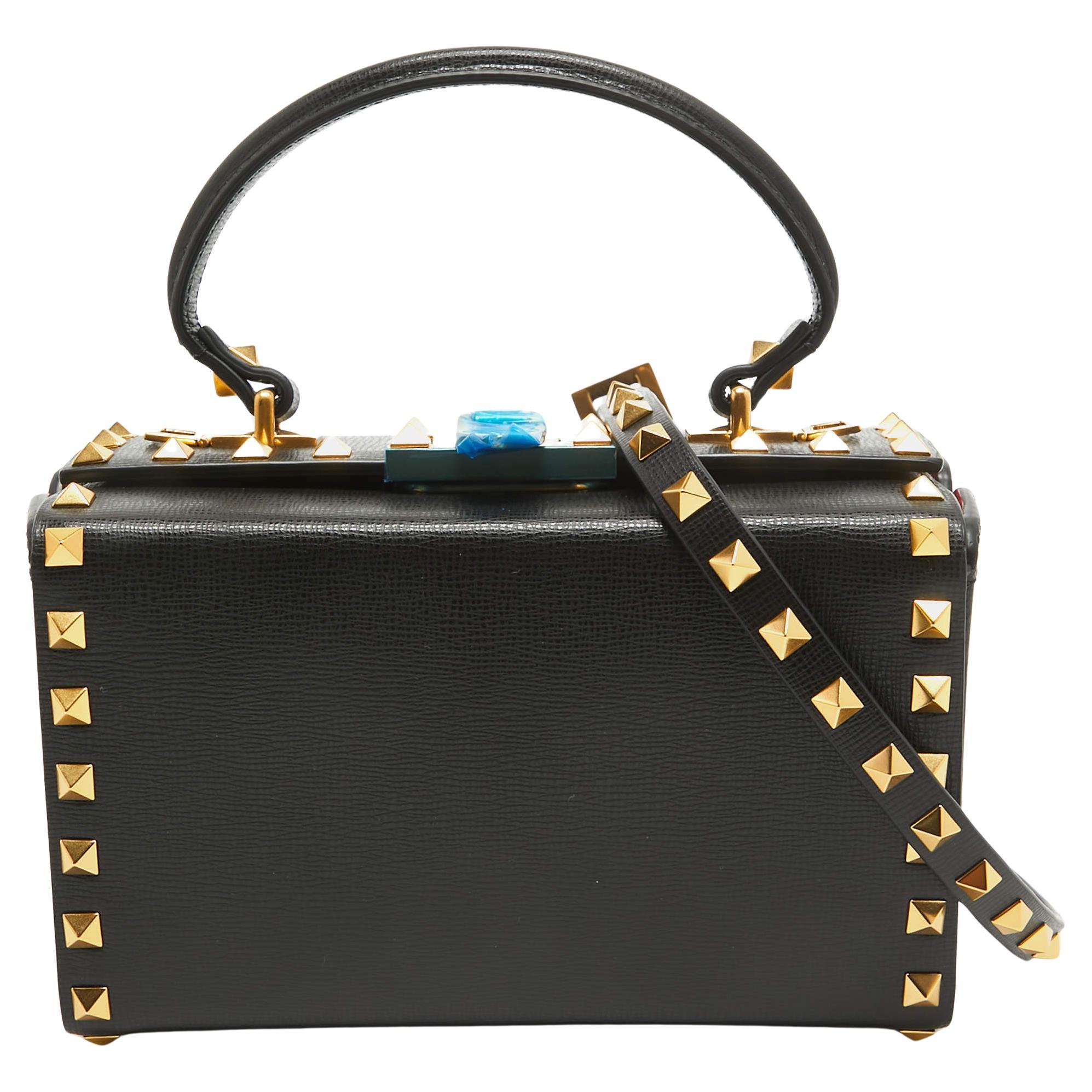 Valentino Black Leather Rockstud Alcove Box Top Handle Bag For Sale