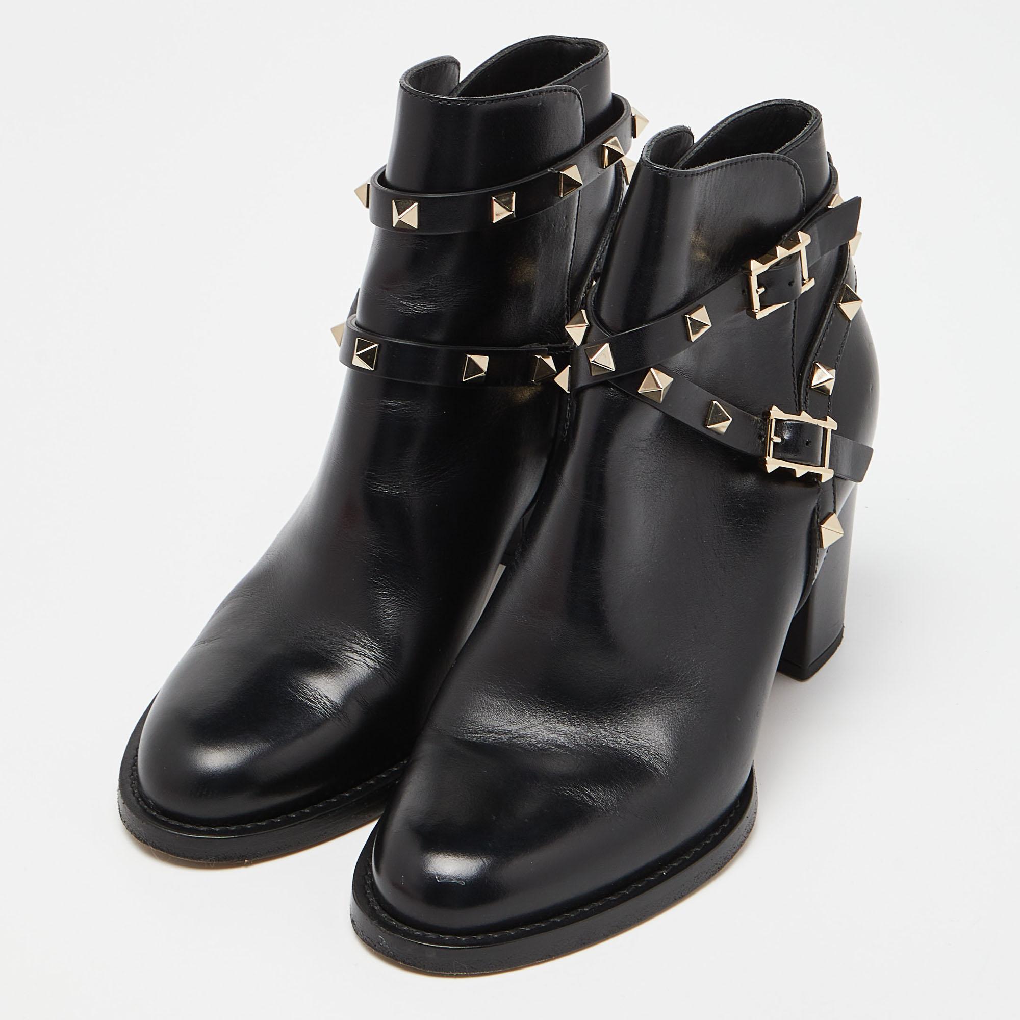 Valentino Black Leather Rockstud Ankle Boots Size 36 4