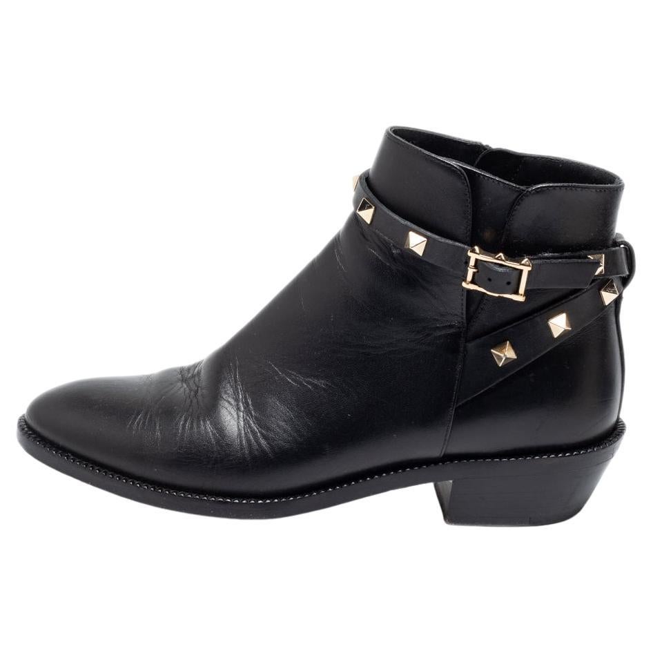Valentino Black Leather Rockstud Ankle Boots Size 36