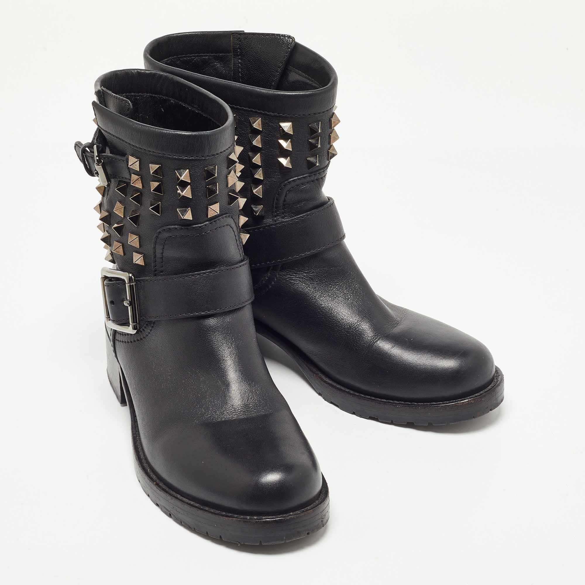 Valentino Black Leather Rockstud Ankle Boots Size 37 3