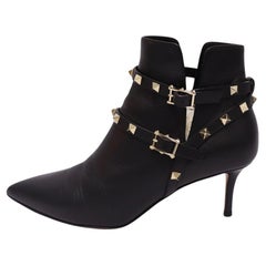 Used Valentino Black Leather Rockstud  Ankle Boots Size EU 38