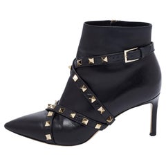 Valentino Black Leather Rockstud Ankle Length Boots Size 36