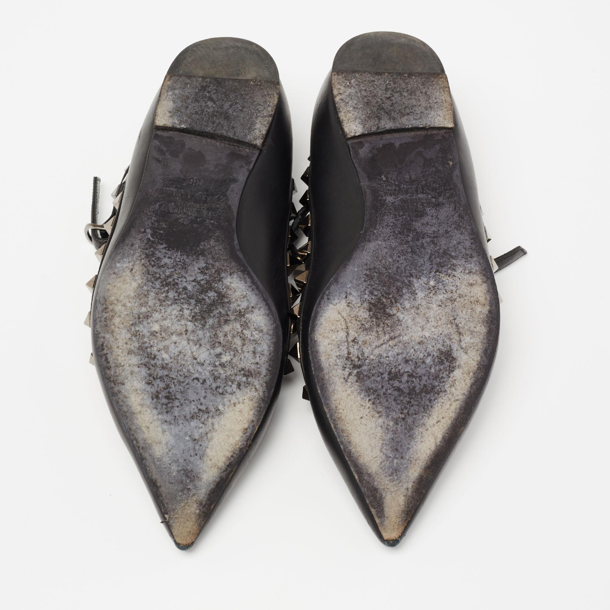 Valentino Black Leather Rockstud Ankle-Strap Ballet Flats Size 36 2