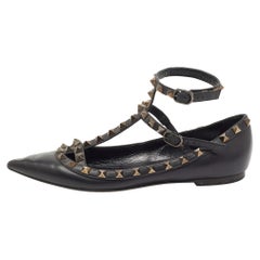 Valentino Black Leather Rockstud Ankle Strap Ballet Flats Size 37