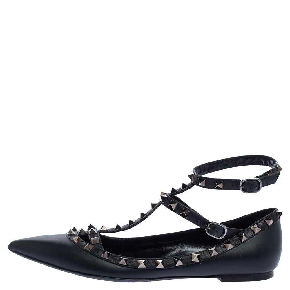 Valentino Black Leather Rockstud Ankle Strap Ballet Flats Size 39 3