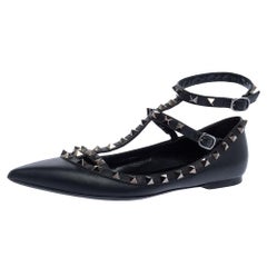 Valentino Black Leather Rockstud Ankle Strap Ballet Flats Size 39