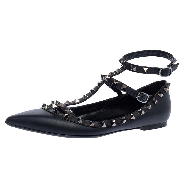 vriendelijk Amazon Jungle Achtervoegsel Valentino Black Leather Rockstud Ankle Strap Ballet Flats Size 39 at 1stDibs