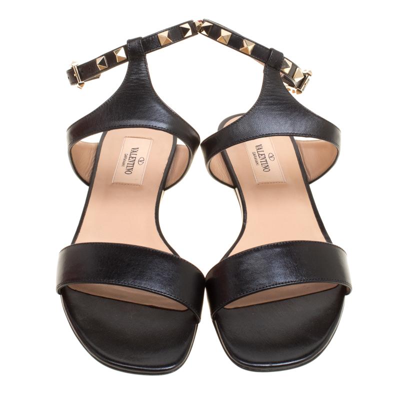 Valentino Black Leather Rockstud Ankle Strap Flat Sandals Size 37 For ...