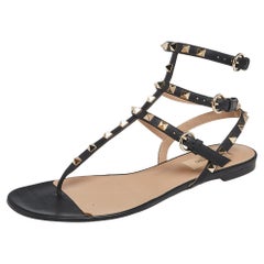 Valentino Black Leather Rockstud Ankle Strap Flat Sandals Size 39.5