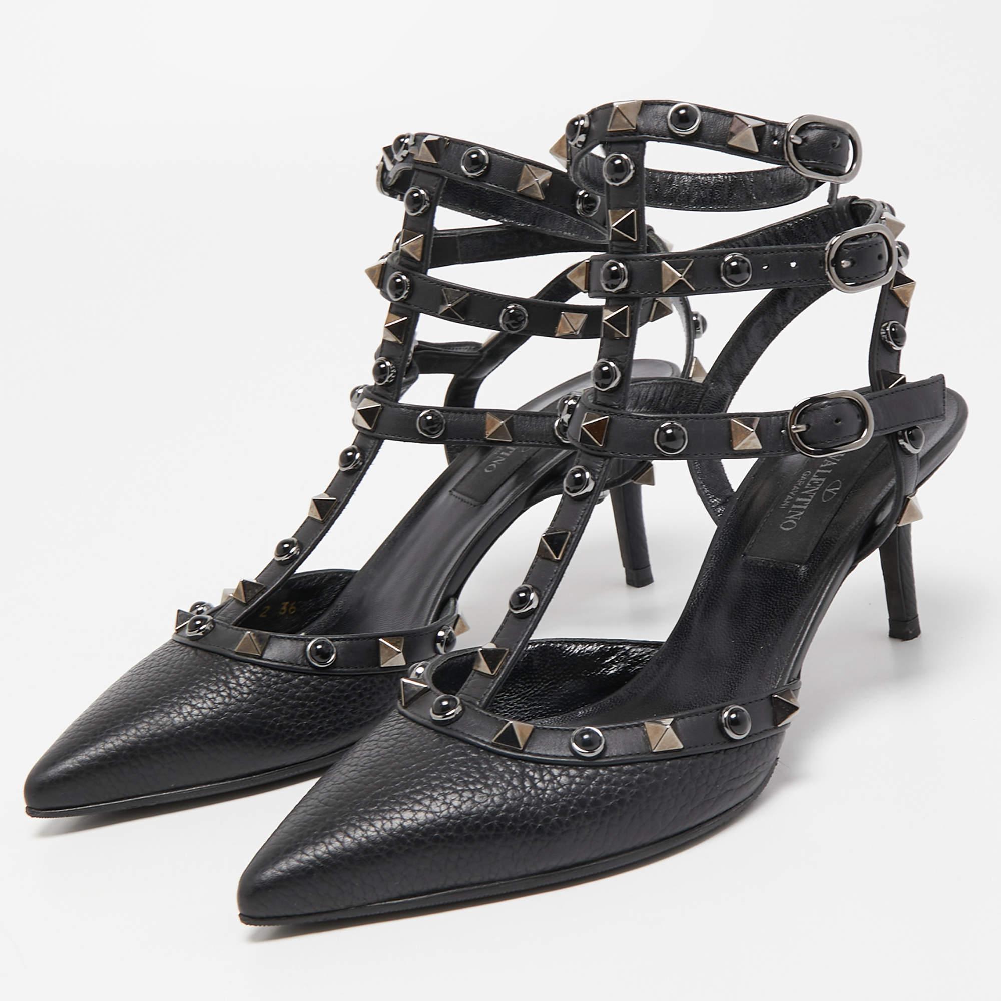 Women's Valentino Black Leather Rockstud Ankle Strap Pumps Size 36