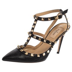 Valentino Black Leather Rockstud Ankle-Strap Pumps Size 37.5