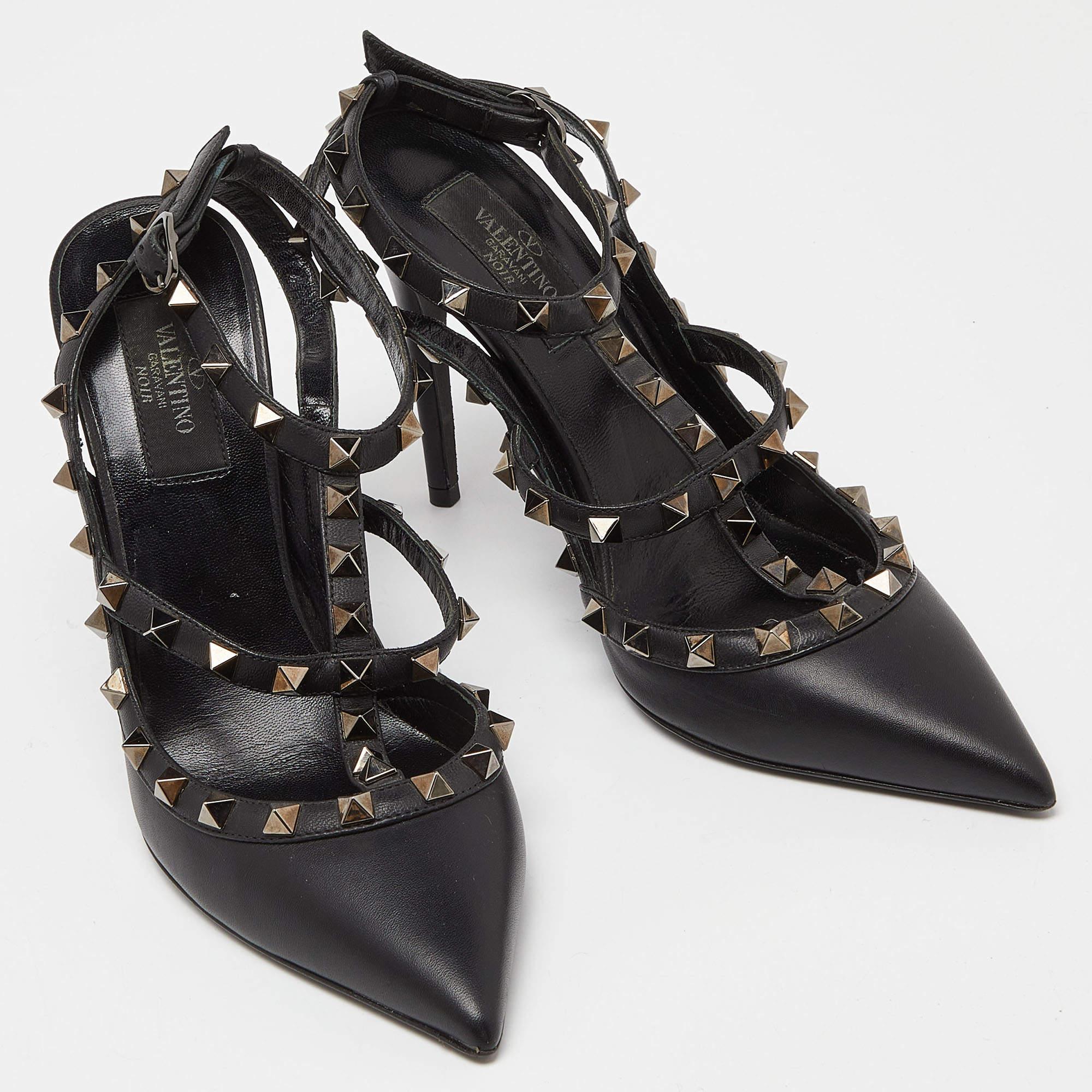 Women's Valentino Black Leather Rockstud Ankle Strap Pumps Size 38.5