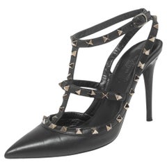 Valentino Black Leather Rockstud Ankle-Strap Pumps Size 39