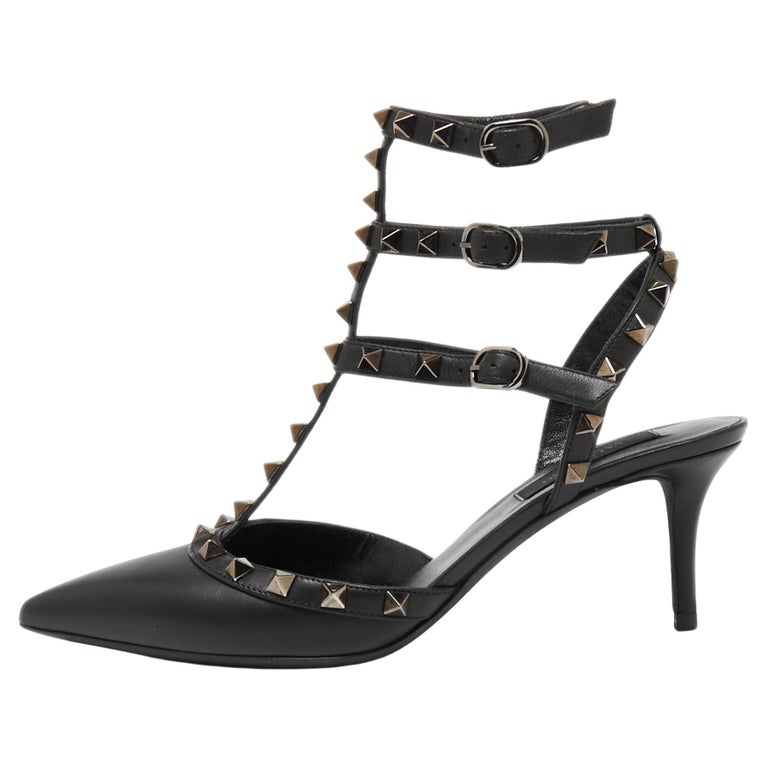 BLACK LEATHER ROCKSTUD ESPADRILLES ANKLE STRAP FLATS