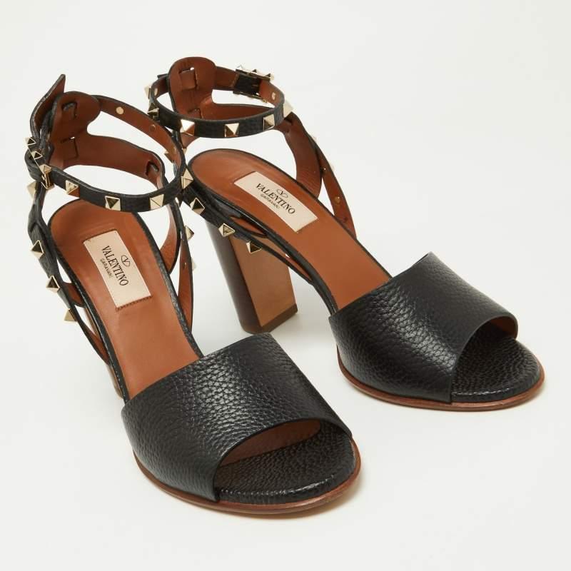 Women's Valentino Black Leather Rockstud Ankle Strap Sandals Size 40
