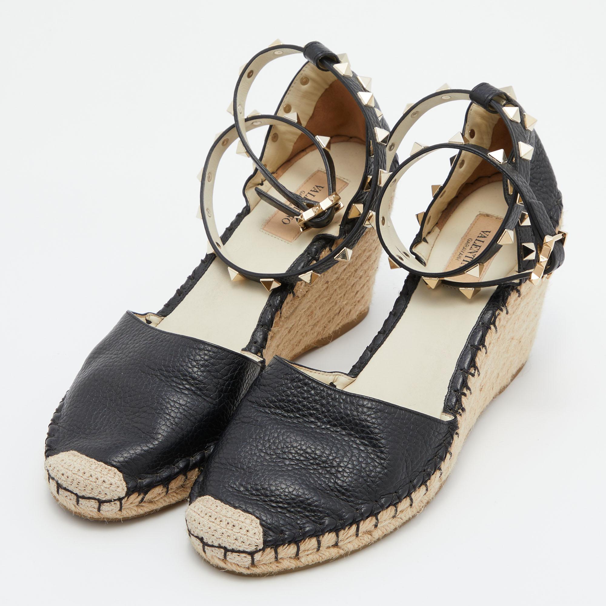 Women's Valentino Black Leather Rockstud Ankle Strap Wedge Espadrille Sandals Size 39