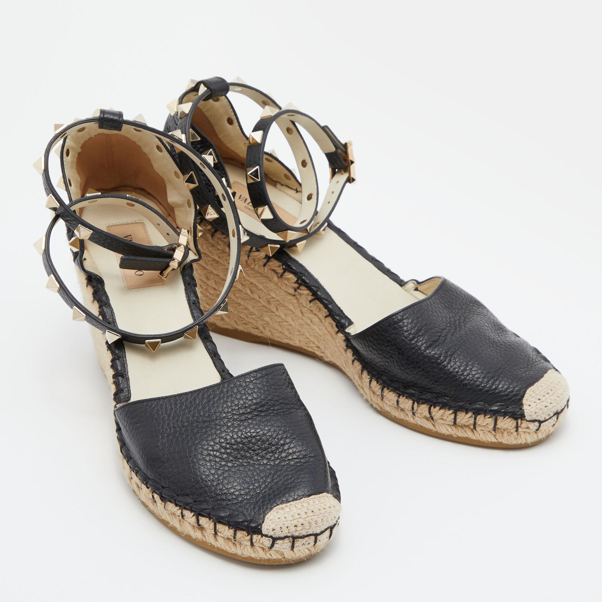 Valentino Black Leather Rockstud Ankle Strap Wedge Espadrille Sandals Size 39 1