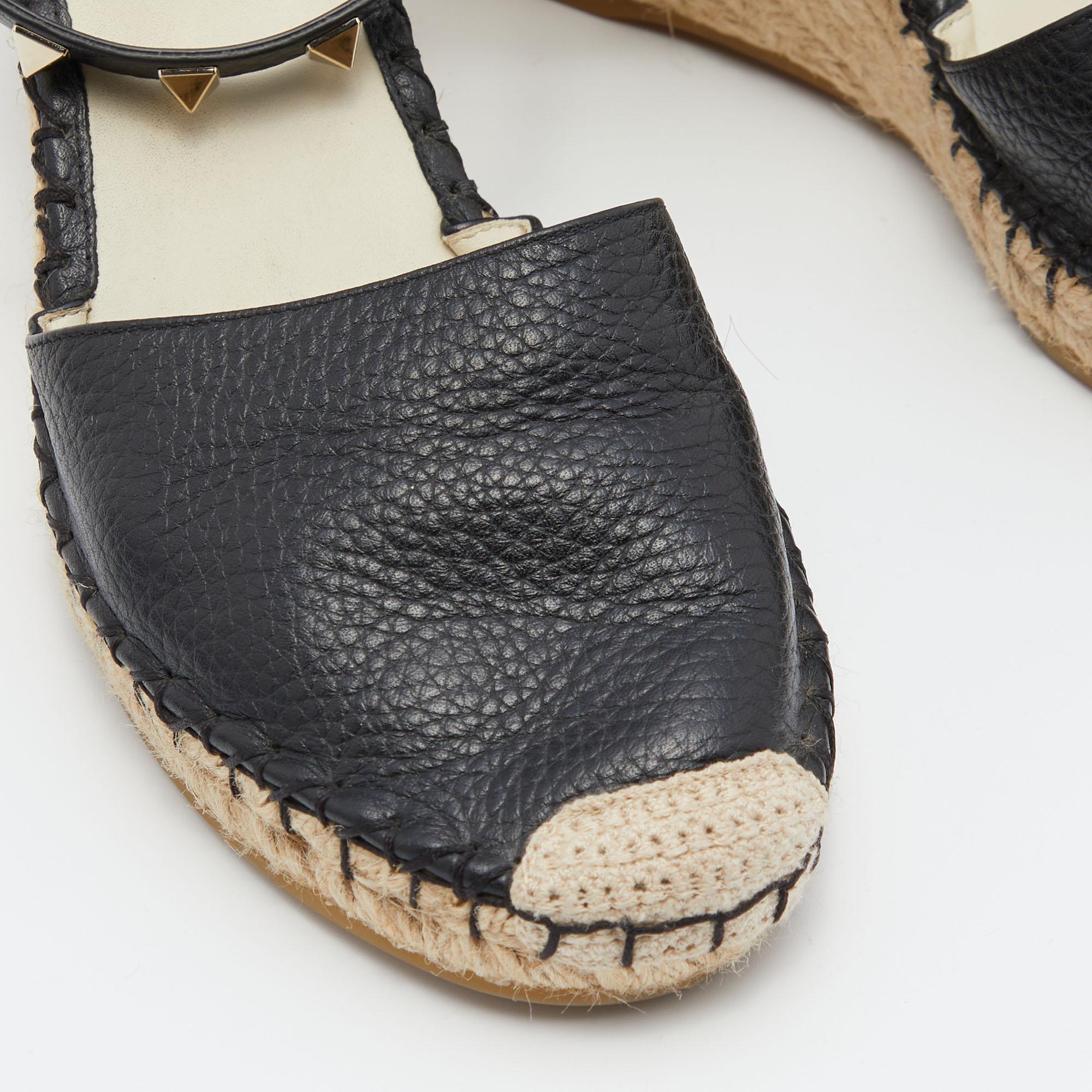 Valentino Black Leather Rockstud Ankle Strap Wedge Espadrille Sandals Size 39 2