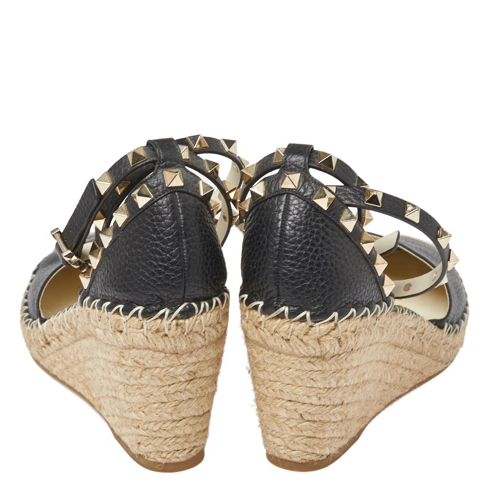 Beige Valentino Black Leather Rockstud Ankle Strap Wedge Espadrille Sandals Size 40