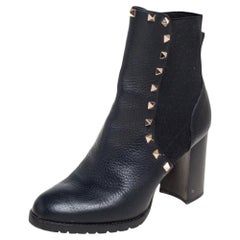 Valentino Black Leather Rockstud Block Heel Ankle Boots Size 37.5