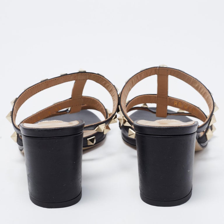 Valentino Black Leather Rockstud Block Heel Slide Sandals Size 37 For