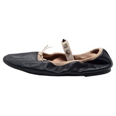 Valentino Black Leather Rockstud Bow Scrunch Ballet Flats Size 36