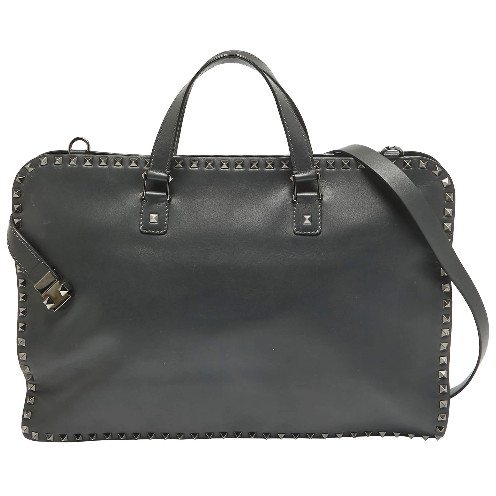 Valentino Black Leather Rockstud Briefcase Laptop Bag