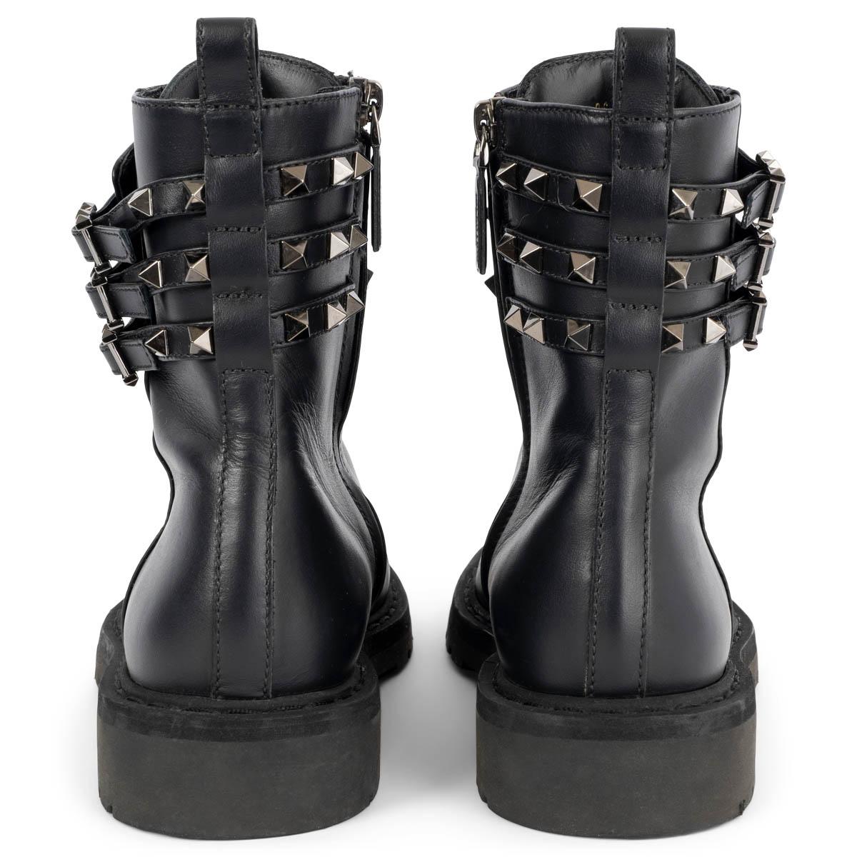 Black VALENTINO black leather ROCKSTUD BUCKLE Combat Boots Shoes 39.5 For Sale