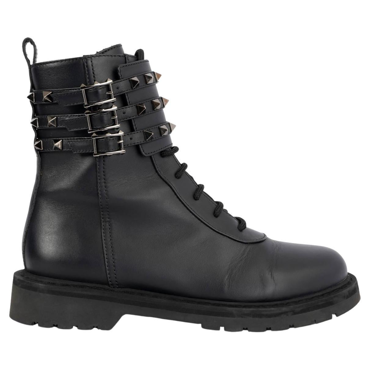 VALENTINO black leather ROCKSTUD BUCKLE Combat Boots Shoes 39.5 For Sale